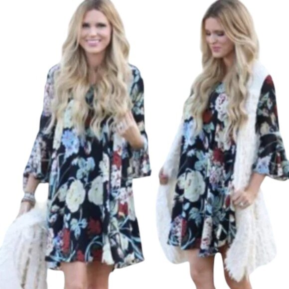 Paper Crown Anthropologie Endora Floral Dress - Black, Yellow, Blue, Red - LP - Picture 1 of 13